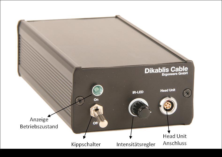 Dikablis Cable - Cable Box Figure 3-19: front view of the Dikablis Cable electronic unit Rear: - BNC connection for transmitting the eye camera data to the recording computer - BNC connection for