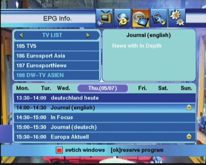 4.8 Program Guide EPG shows the event information on the current TP channel by time Zone. The event is displayed only at the channel that has EPG information.