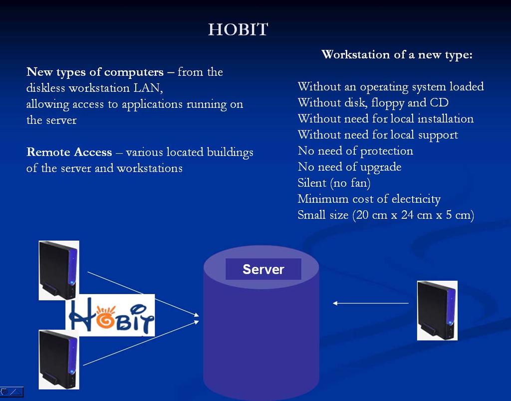 HOBIT New types of computers from the diskless workstation LAN, allowing access to applications running on the server Remote Access various located buildings of the server and workstations