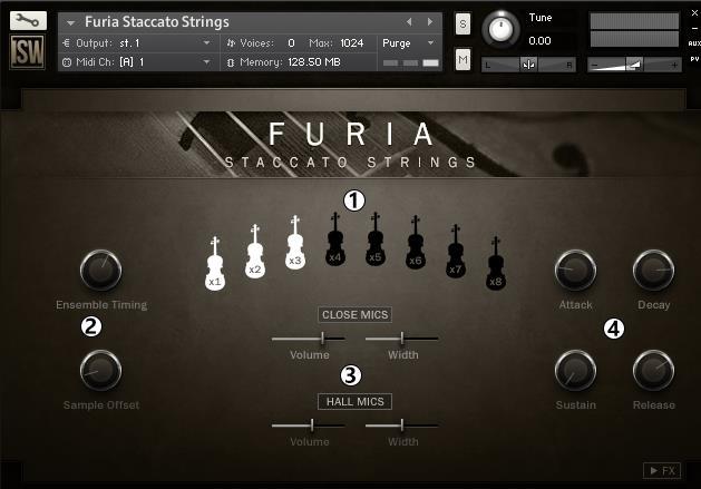 SOUND CONTENT Furia Staccato Strings features recordings of a string ensemble performing unison staccatos, starting from the low range of the bass up through the high range of the violins.