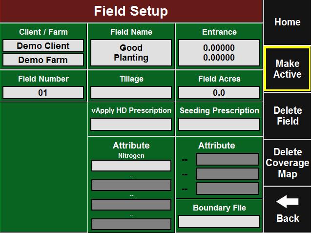 Making a Field Active To ensure that the field specific boundary and prescription is active and the field data is saved to the appropriate field name, select the