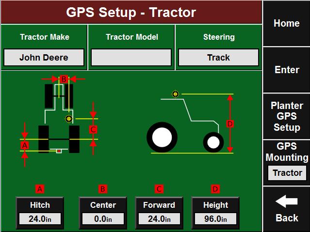 Front Steering Tractor GPS Measurements If Front Steering is selected as the steering type, a similar tractor diagram will appear.