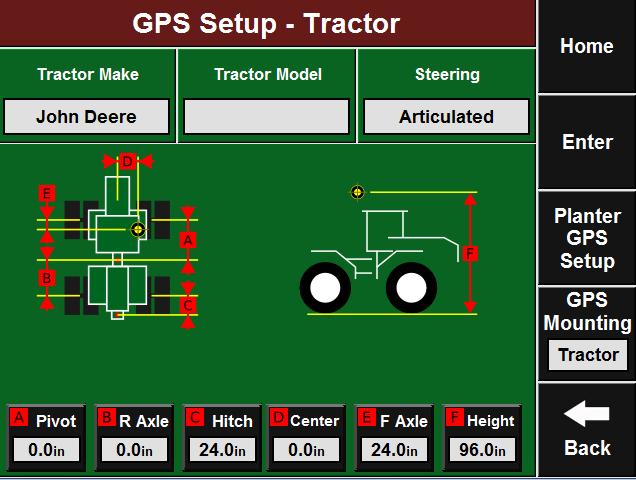 Articulated Steering Tractor GPS Measurements If Articulated Steering is selected as the steering type, a similar tractor diagram will appear.