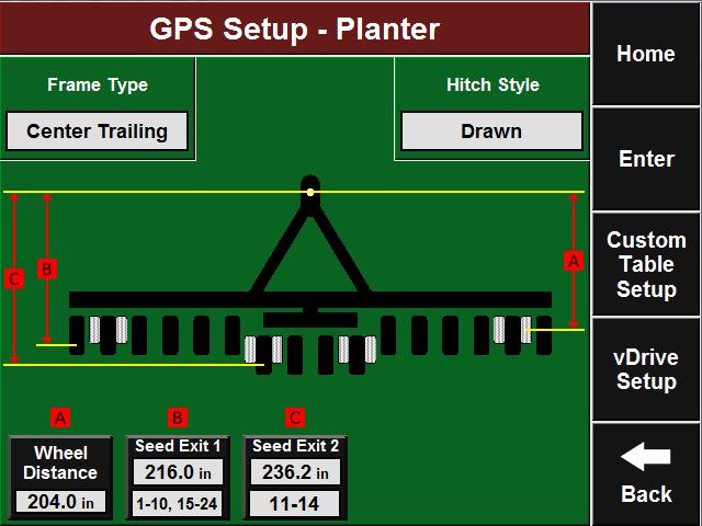 Planter GPS Measurements Center Trailing Frame Wheel Distance A: Measure from the pivot location at the hitch to the transport tires.