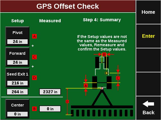 GPS Offset Check Results Once the GPS Offset is complete, a summary page will appear. The Setup column shows the addition of the entered measurements with a total at the bottom.