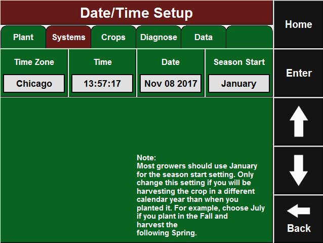 Date/Time Setup Select Date/Time to setup the Time Zone and Season Start month. UTC time will automatically update from GPS.