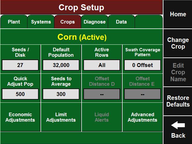 Crops Tab Crops Tab Overview To configure monitor settings for each crop, select the Setup button and then the Crops tab. All settings within this tab are saved under the active crop.