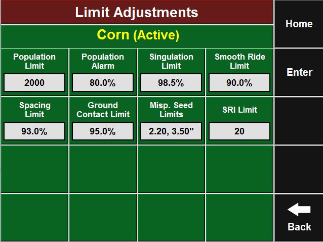 Limit Adjustments This button will include Singulation Limit, Smooth Ride Limit, Ground Contact Limit, and SRI limit which define when those buttons turn yellow on the