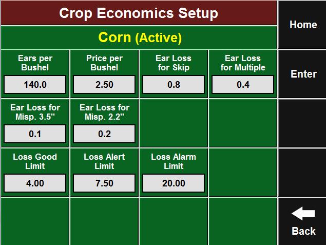 Economic Loss This screen defines how economic loss is calculated. Press the Price Per Bushel to enter the current price per bushel for use in calculating economic loss.