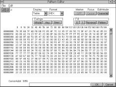 The table mode displays the pattern as a memory table image using either binary or hexadecimal code.