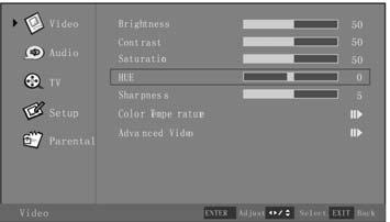 Press or to adjust. 5. Press the Menu button to exit the OSD Menu, or press Exit to select another OSD submenu. Adjustment of Hue (only for NTSC) 1.