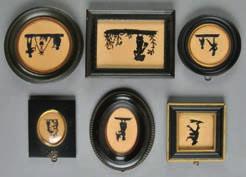 and smaller, all in ebonised frames, some oval or circular, glazed, one with biro inscription on the verso cut out from 1830 album (6) 
