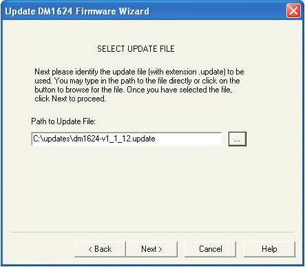 If the browse button is clicked, the Select DM1624F update file dialog opens. If the file name was entered manually, click Next.
