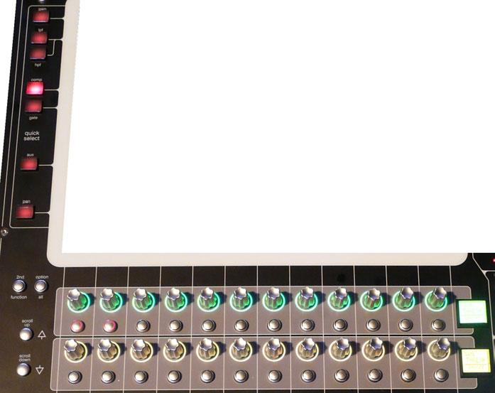 The 2 rows of twelve encoders and buttons immediately below the touchscreen (shown above) refer to the channels with which they are aligned.