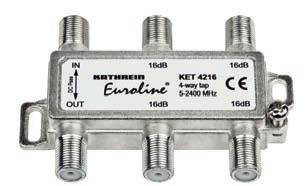 8-way splitter 17 - Taps up to 2.4 GHz Product Order No. Type Tap loss [db] Through Loss [db] 1.0 GHz/2.4 GHz KET 1210 21610065 1-way tap 10 1.8/3.2 KET 1216 21610068 1-way tap 16 1.2/2.