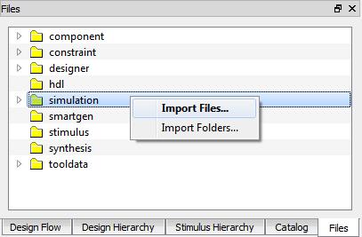 6. In the Files window, right-click simulation and click Import Files.