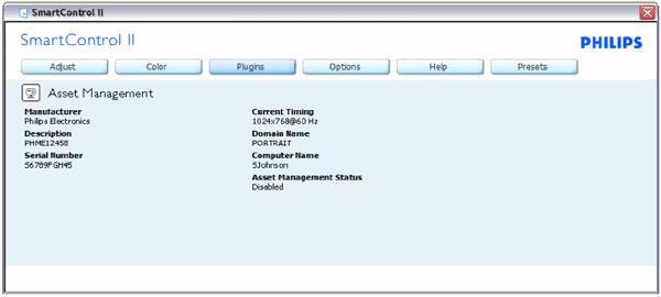 Displays Assent Management information on Managment, Description, Serial Number, Current Timing, Domain Name, and Asset Management Status. To return to Plug-in home pane select the plug-in tab.