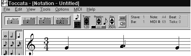 Getting Started with Toccata Pitch and Placement With Insert Mode on, and a crotchet (¼ note) selected from the Palette, place the following notes into the first bar by double clicking with the left