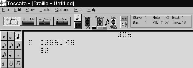 Before we do this, it is probably a good time to introduce the Braille Editor Window, so that you can see the effect and inter-relationship between the notes in the Notation Editor and the resultant