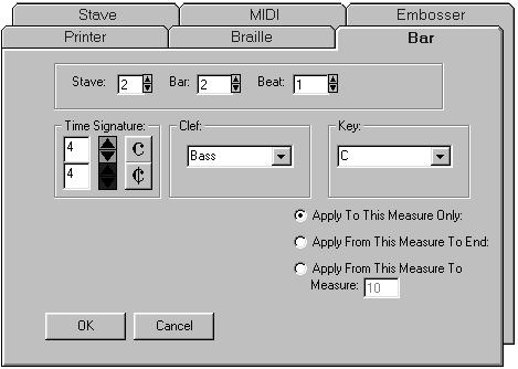 Music Score Options Bar Dialogue Box options The Stave Dialogue Box is the means by which the entire Score is structured.