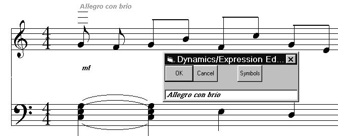 More complex Music Notation Dynamics and Expression Dynamics and Expression marks can be placed anywhere on the score using the Dynamics Editor, which is invoked by pressing the letter D at the