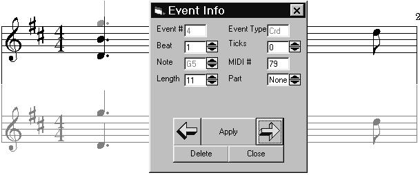 Event Information The Event Info Dialogue Box There are times when notes or other notation objects are placed incorrectly on the score, or appear hidden behind other objects, and you need to adjust