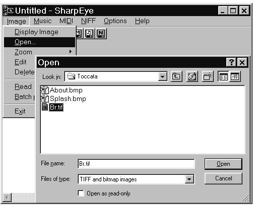 TIF in the \Programs\Toccata folder : Click on the Open button, and the scanned image file of the first page of Bohemian Rhapsody will appear in the Image Window of SharpEye.