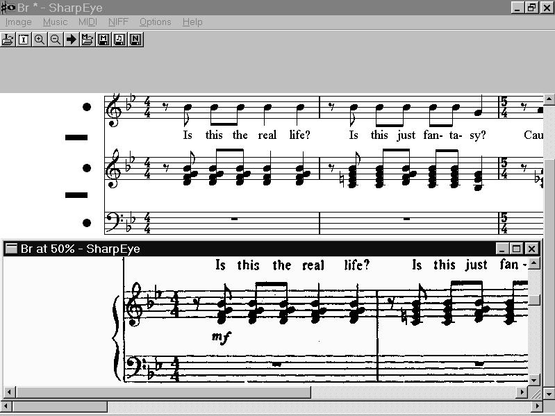 Scanned Music, MIDI and NIFF Recognising the Image File Click on the Recognition Button and SharpEye will process the Image file to extract recognisable music; this process may take several minutes