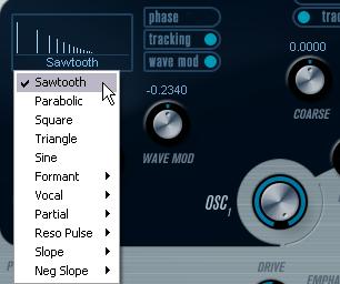 Selecting Waveforms Each oscillator has a number of waveforms which are selectable by clicking on the waveform name in the box located in each oscillator section.