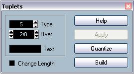 3. Select Build N-Tuplet from the Scores menu. The Tuplets dialog appears. 4. Click Quantize. Now the tuplet is displayed correctly.