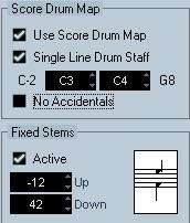 Setting up a staff for drum scoring 1. Open the Score Settings Staff page and select the Options tab. 2. Make sure Use Score Drum Map is activated. 3.