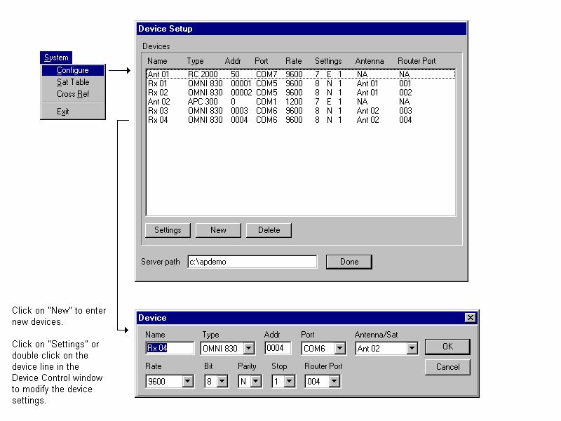 AUTOPILOT DLM SATELLITE DOWNLINK MANAGER USER GUIDE 17 SYSTEM CONFIGURATION Device Setup Window The Device Setup Window provides access to parameters used to setup devices in the system. 1. Select Configure on the System Menu to open the Device Control window.