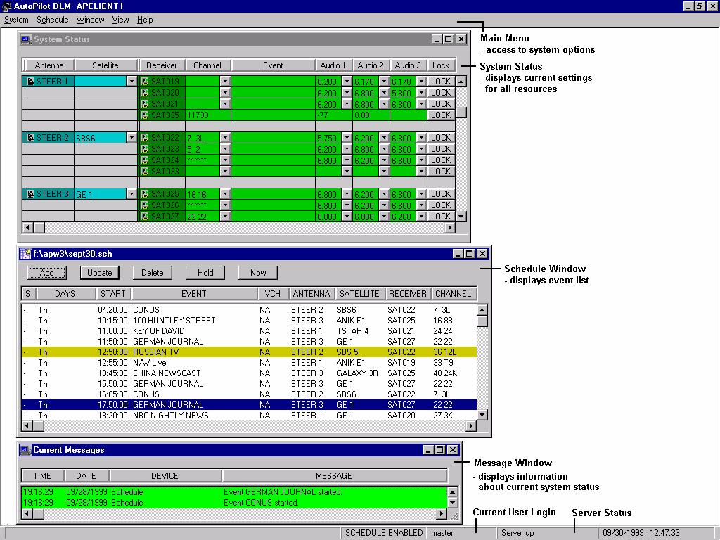 AUTOPILOT DLM SATELLITE DOWNLINK MANAGER USER GUIDE 2 AUTOPILOT ENVIROMENT Main Screen Display The Main Screen Display consists of a Main Menu Bar at the top of the screen and three windows, System