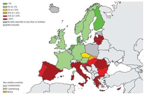 Tulpinile de Acinetobacter spp. izolate în Europa variază ca rezistenţă, cu procente mai mari în ţările din Europa de Est şi Sud.
