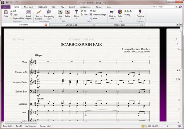 Project 1 When you ve opened the Scarborough Fair score, the music appears, looking somewhat like this: Title bar Minimize ribbon button Window buttons Ribbon tabs The ribbon Document tabs Help