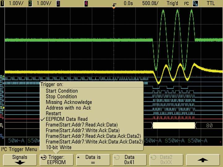 Turning on and debugging a real mixed-signal embedded design (continued) Using the I 2 C triggering capability, the Agilent MSO can synchronize its acquisitions on specific serial input conditions