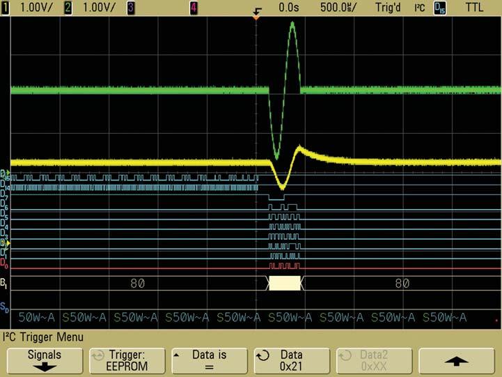 Figure 12 shows the scope s ability to trigger on a 3-cycle chirp with I 2 C triggering on address and data serial content, and Figure 13 shows the scope s ability to trigger on a 1-cycle chirp.