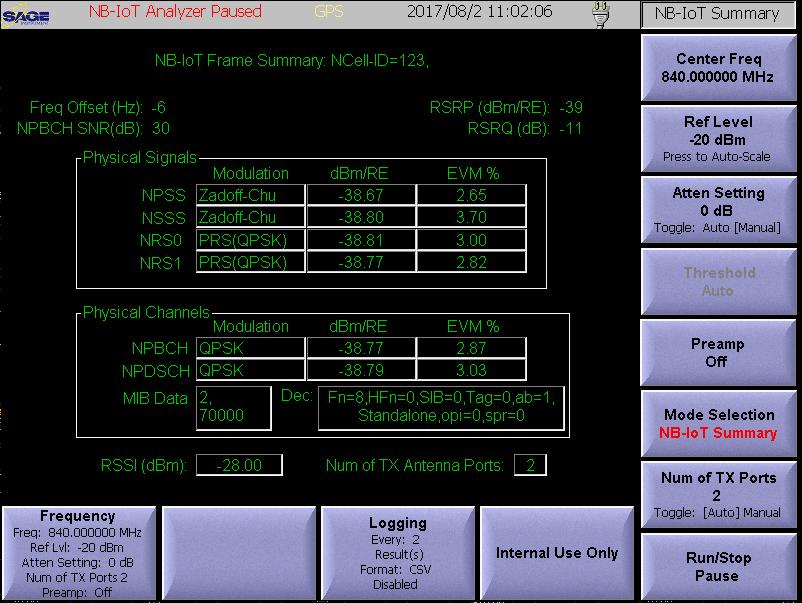 SAGE INSTRUMENTS - Page 5 At the lower spectrum display, the text string also shows the detected cell-id, frequency offset, SFN number and MIB status.