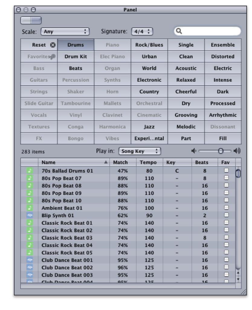 15 Apple Loops Support Apple Loops are an audio file format that in contrast to standard audio file types can be time stretched and transposed in real time.