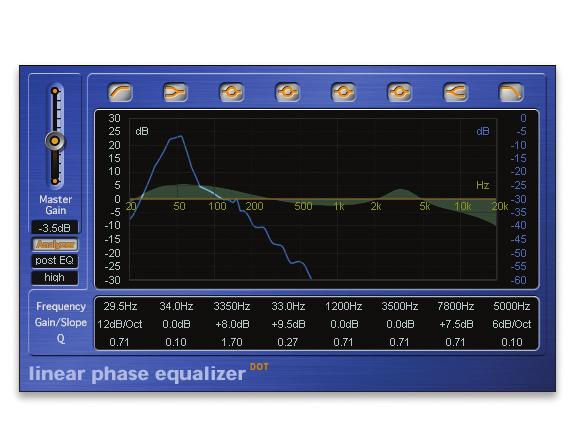 34 EQ Linear Phase EQ Housing the same eight-band layout as the Channel EQ, the new Linear Phase EQ preserves the phase of the audio signal even when applying drastic EQ curves.