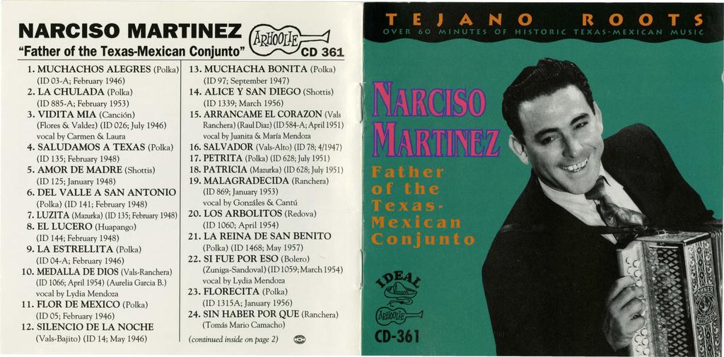 NARCISO MARTINEZ ~RKOOrJ.E "Father of the Texas-Mexican Conjunto" co 361 1. MUCHACHOS ALEGRES (Polka) 13. MUCHACHA BONITA (Polka) (ID 03-A; February 1946) 2.