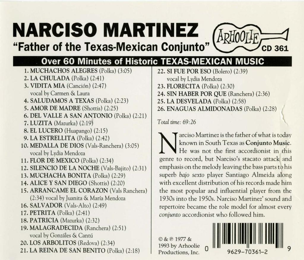 NARCISO MARTINEZ "Father of the Texas-Mexican Conjunto" Over 60 Minutes of Historic TEXAS-MEXICAN MUSIC 1. MUCHACHOS ALEGRES (Polka) {3:05) 2. LA CHULADA (Polka) (2:41) 3.