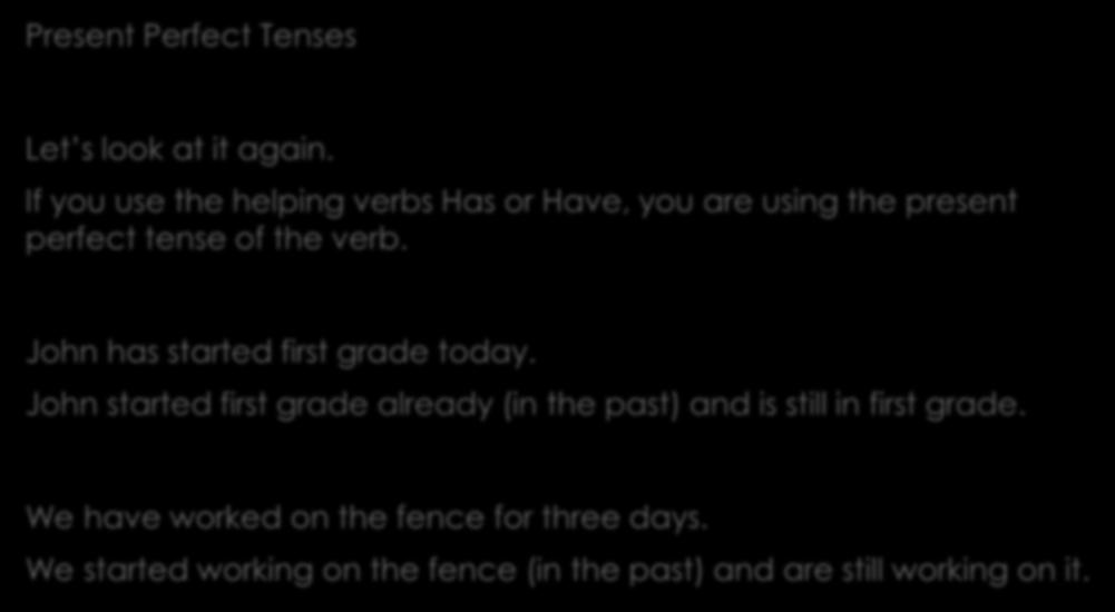 Present Perfect Tenses Let s look at it again. If you use the helping verbs Has or Have, you are using the present perfect tense of the verb. John has started first grade today.