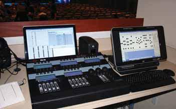 raising and lowering of each lighting, curtain or scenery array across the 80 width of the auditorium. A custom motorized control panel was designed for offstage right control of all the battens.