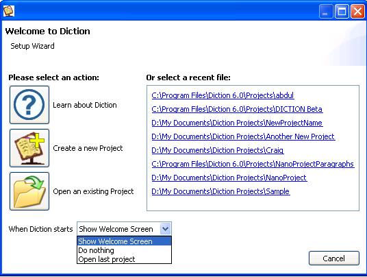 3.2.1 Learn about DICTION This option on the Setup Wizard launches the DICTION on-line Help window. 3.2.2 Create a New Project If you opt to create a new project, you are prompted for a location to save the new project file.