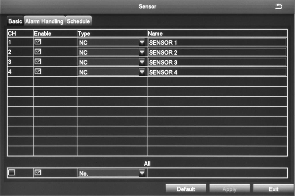 Alarm Screen The GDVR system allows you to set parameters for various types of system alarms. The Alarm screen is comprised of 4 icons: Sensor.