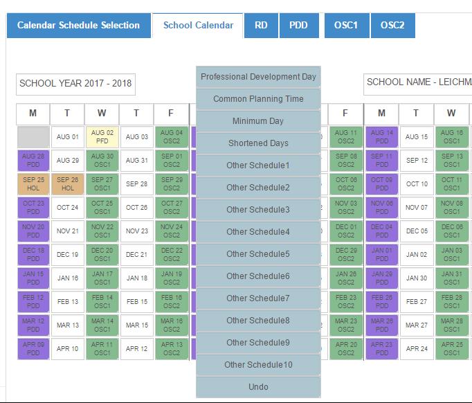 Edit Calendar Schedule in View Mode (Right Click) While on the School Calendar screen, the user can assign different types of day to each Calendar day except the Spring Pupil Free day.