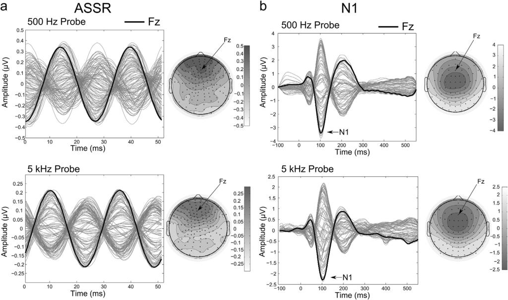 14 L.E. Roberts et al. / Hearing Research 327 (2015) 9e27 Fig. 3. (a) Grand average scalp topography and time-domain 2-pulse average (128 channel EEG) for the ASSR evoked by 500 Hz probes (top) and 5 khz probes (bottom).
