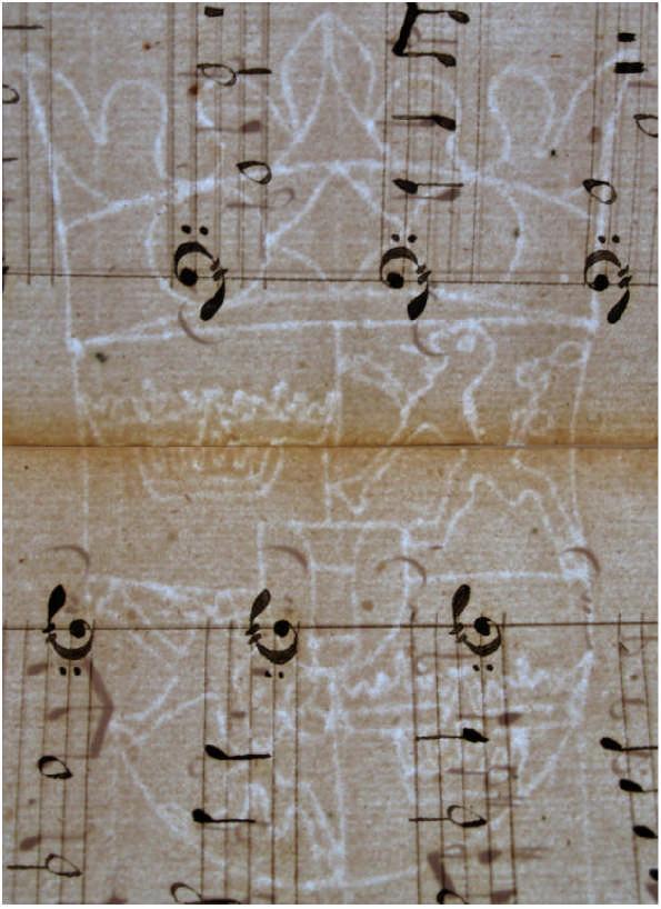 . Figure 2: watermark of unidentified arms. Most unusually the contents are rigidly arranged, twelve pieces to each section, mostly fantasias and mostly in groups of six by two composers.