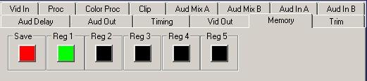 The Memory menu shown below allows you to save overall module setups to five memory registers as follows: Select Save, then one of the five memory registers Reg 1 5. The box will turn green.